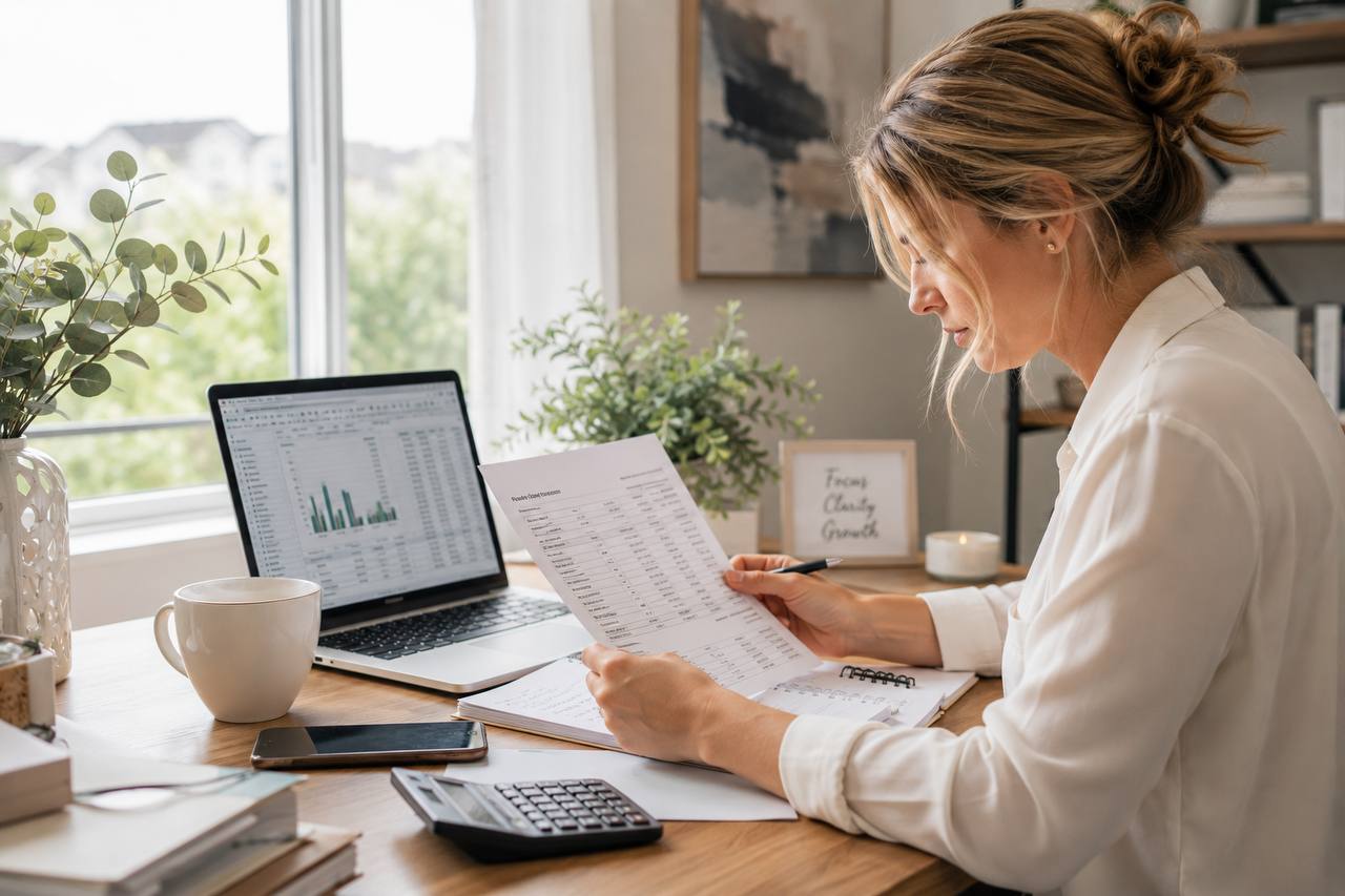 Business owner at a desk reviewing a financial statement beside a laptop spreadsheet, calculator, notebook, and coffee in a bright office.