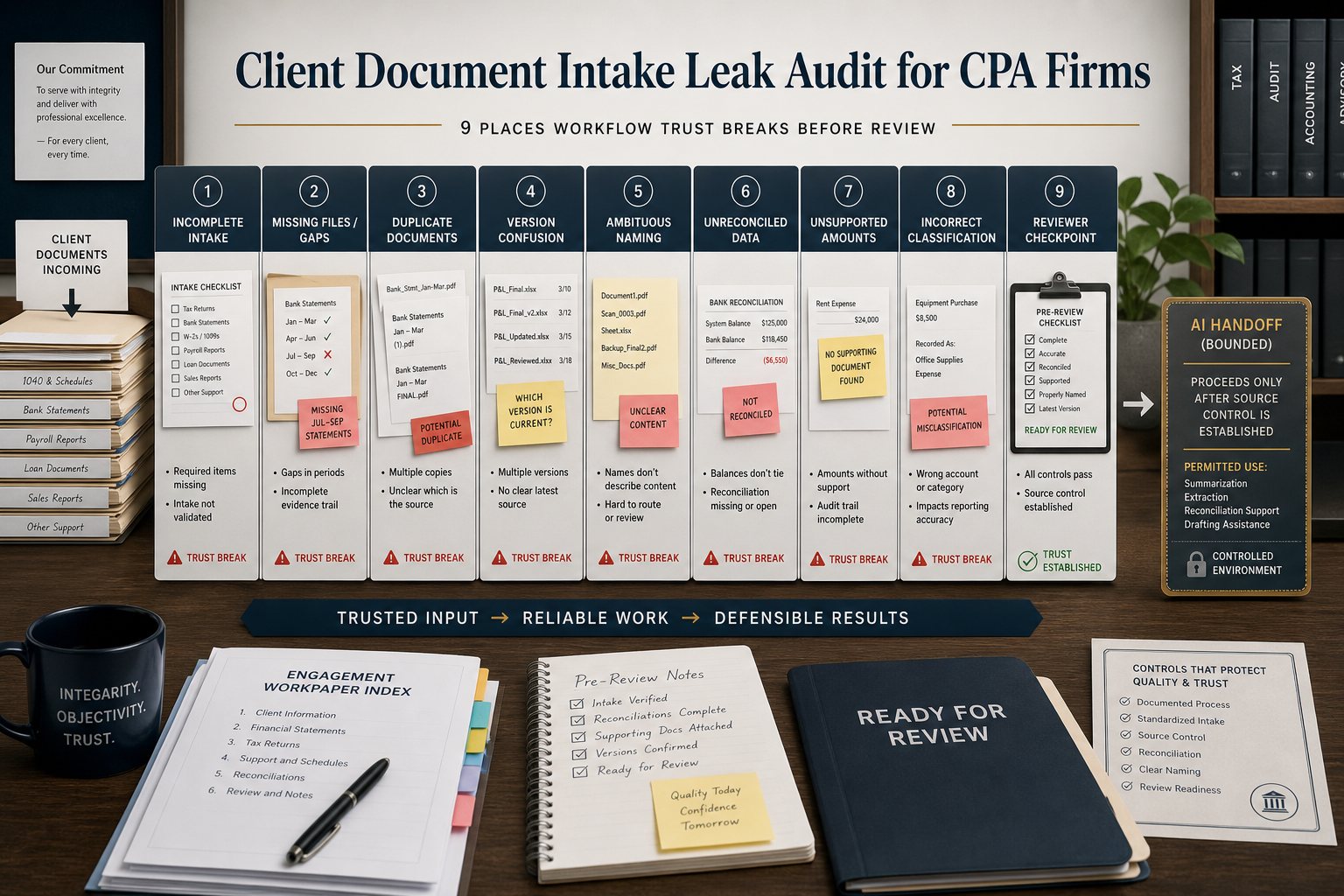 Client document intake workflow audit for CPA firms showing review risk, missing files, version confusion, and unsafe AI handoff points before review.