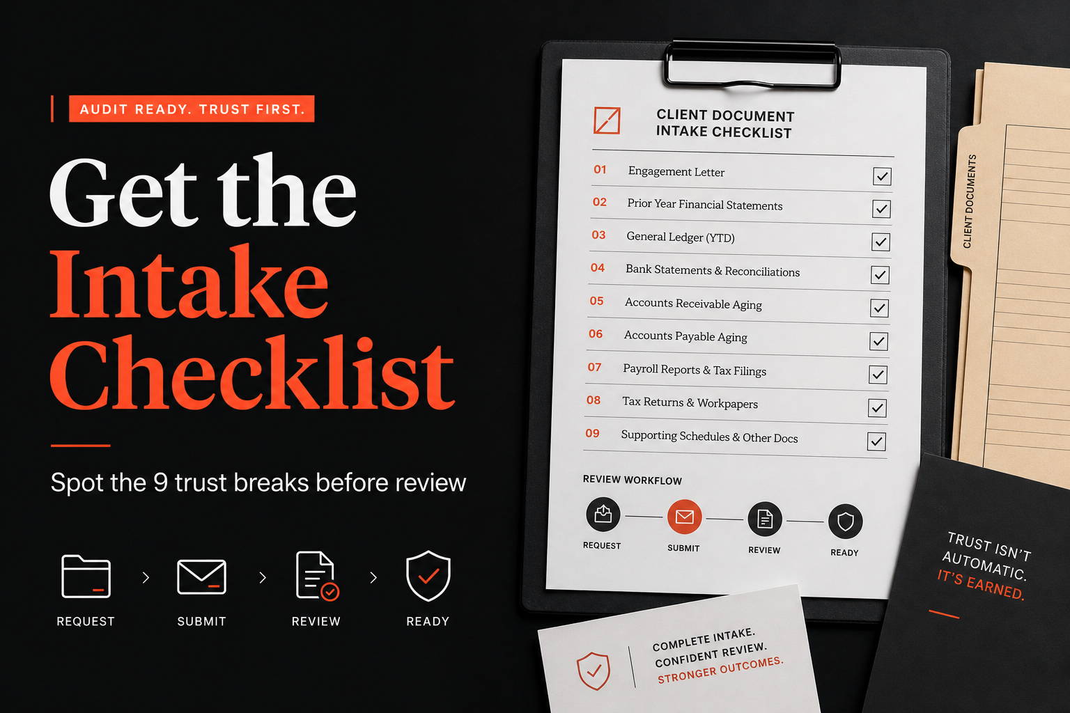 Client document intake checklist giveaway for CPA firms showing the 9 trust breaks before review.
