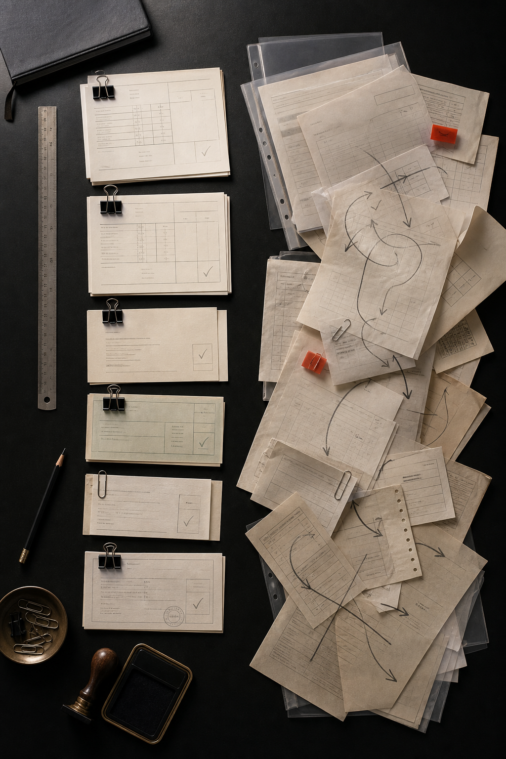 Desk-side finance workflow scene with printed reports, annotated process notes, and control checkpoints highlighting that finance AI succeeds through workflow design, exception handling, and human review rather than prompts alone.