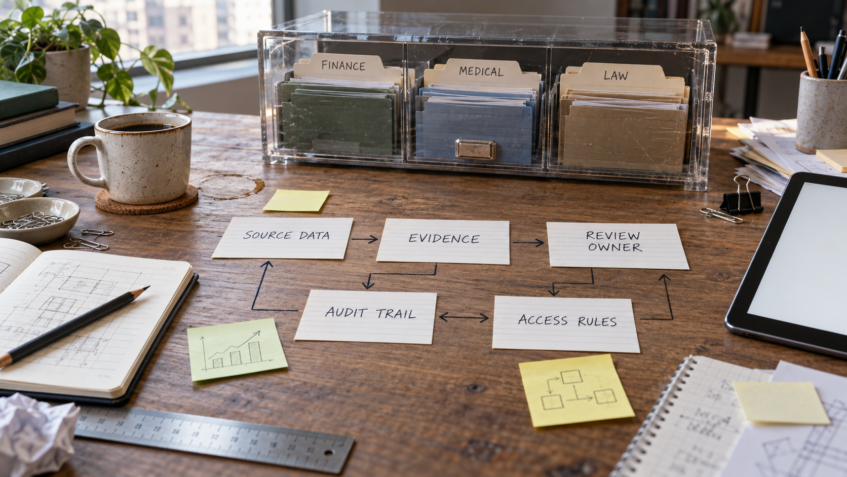 Editorial workflow map on a dark desk blocked by a transparent knowledge gate labeled finance, medical, and law.