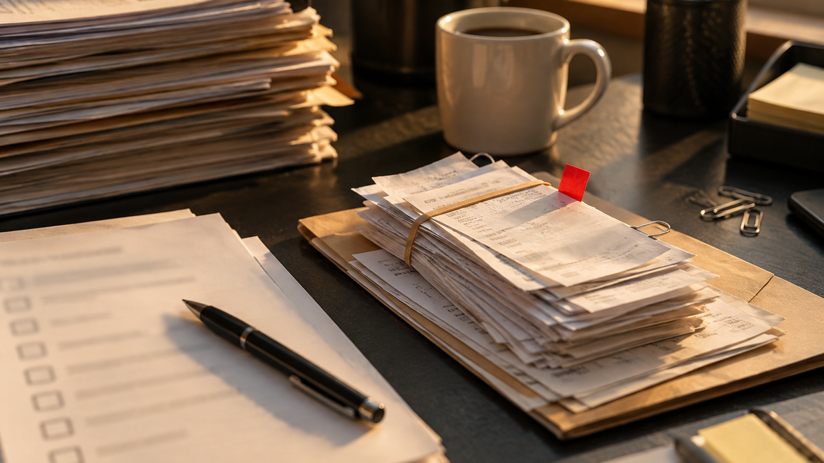 Accounting workflow assessment packet on a dark desk with source documents, red review marker, pen, and coffee mug.